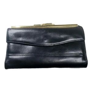 Vintage Pierre Cardin black leather foldover clutch purse w/ gold tone Hardware